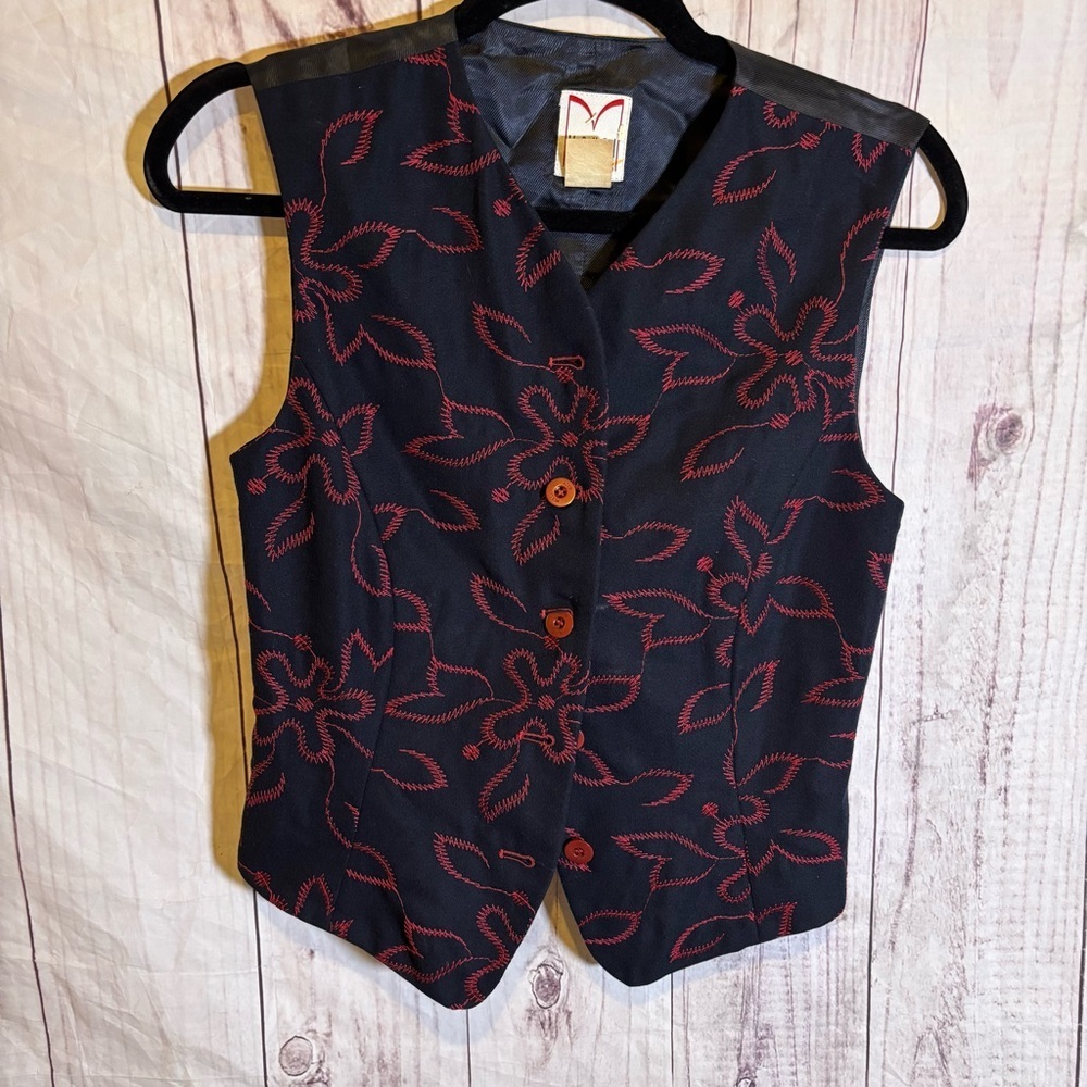 Vintage Sleeveless Black Button Up Vest with Red Floral Embroidery Large